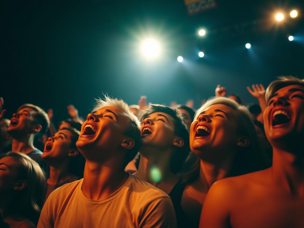 Faces in a crowd singing along with heads tilted back under a bright white spotlight at a live show.
