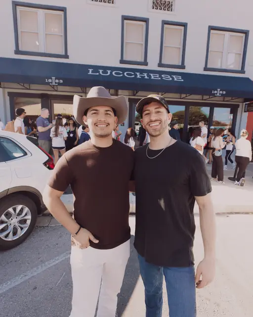 Jordan Miller and Kristian Cruz of MIXMODE outside the Lucchese store on South Congress